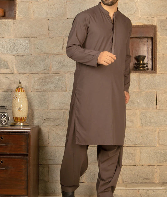 Premium Wash & Wear Shalwar Kameez - Dark Brown