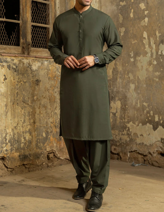 Premium Wash & Wear Shalwar Kameez - Dark Olive