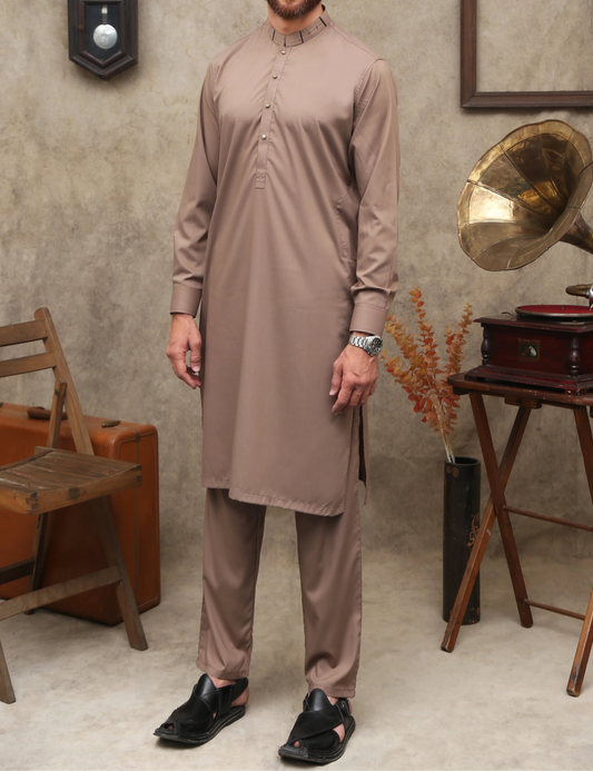 Premium Wash & Wear Shalwar Kameez - Brown