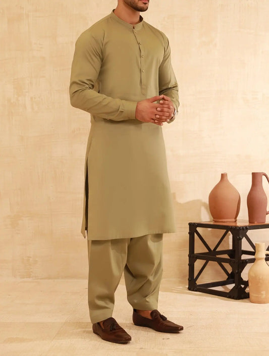 Premium Wash & Wear Shalwar Kameez - Olive Green